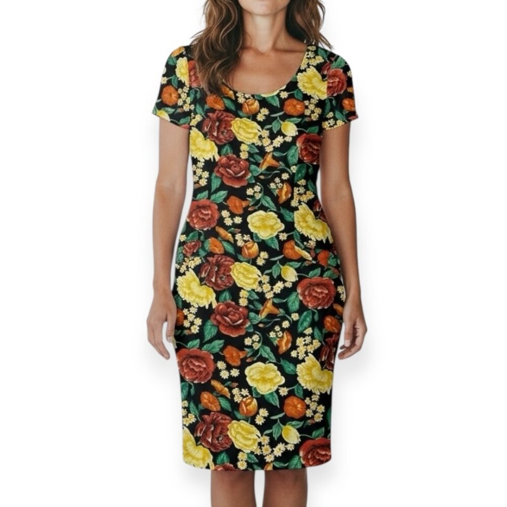 Vintage Santa Fe Floral Bodycon Dress Womens Black Midi Stretch Retro Size 4